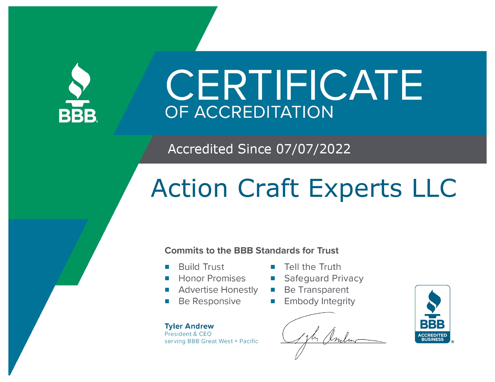 BBB Certificate of accreditation