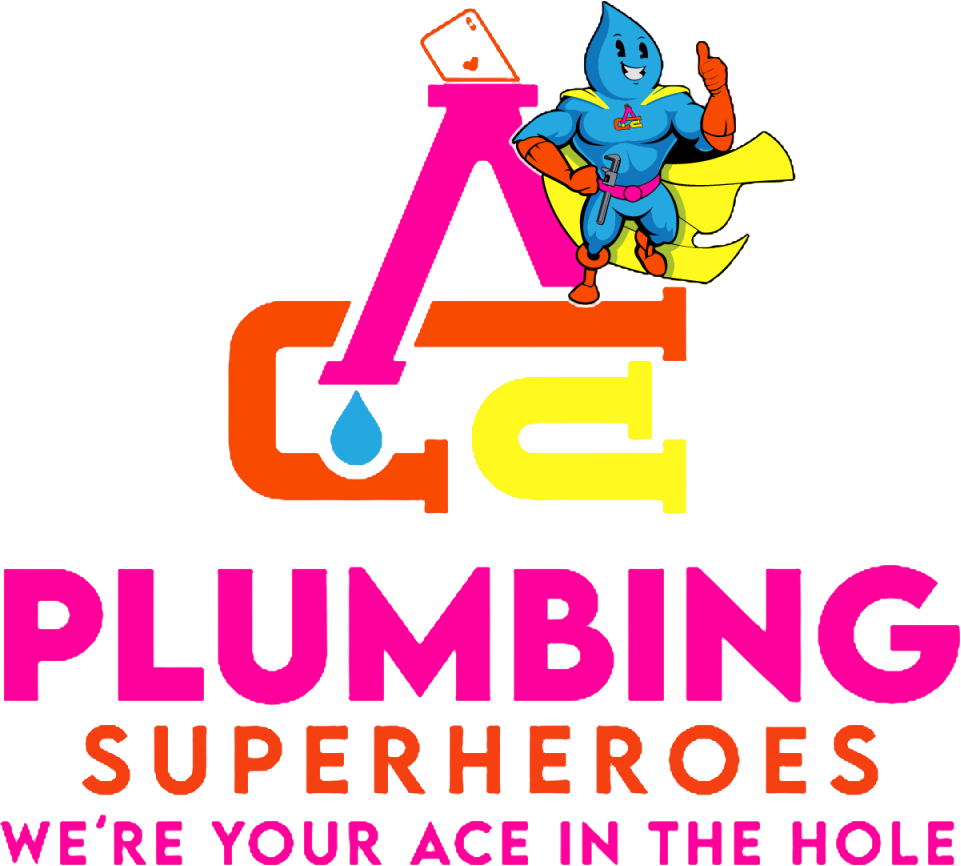Action Craft Experts Plumbing Superheroes logo, "we're your ace in the hole."