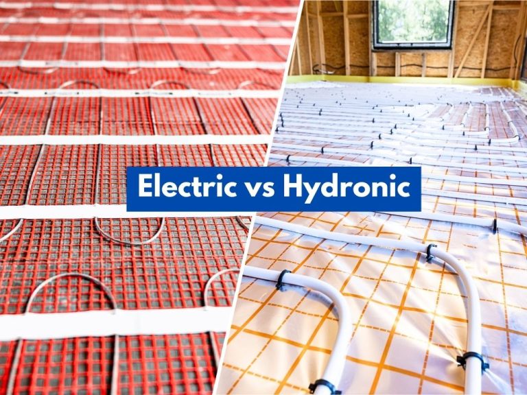 Comparison graphic: electric vs. hydronic floor heating systems.
