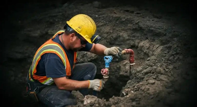 Utility worker inspecting an underground pipe at a job site.