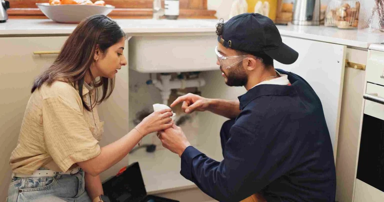 Plumber discussing a kitchen sink repair with a customer.