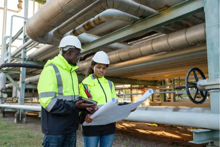 Engineers reviewing plans at an industrial piping facility.