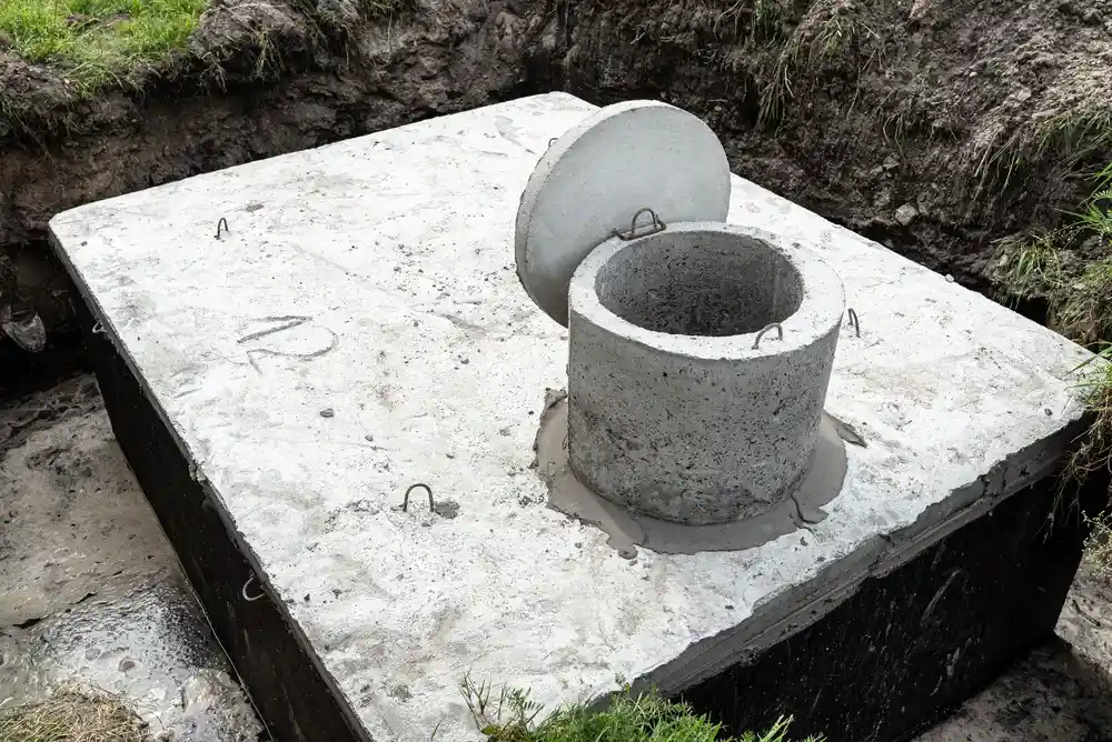 Concrete septic tank installed underground.