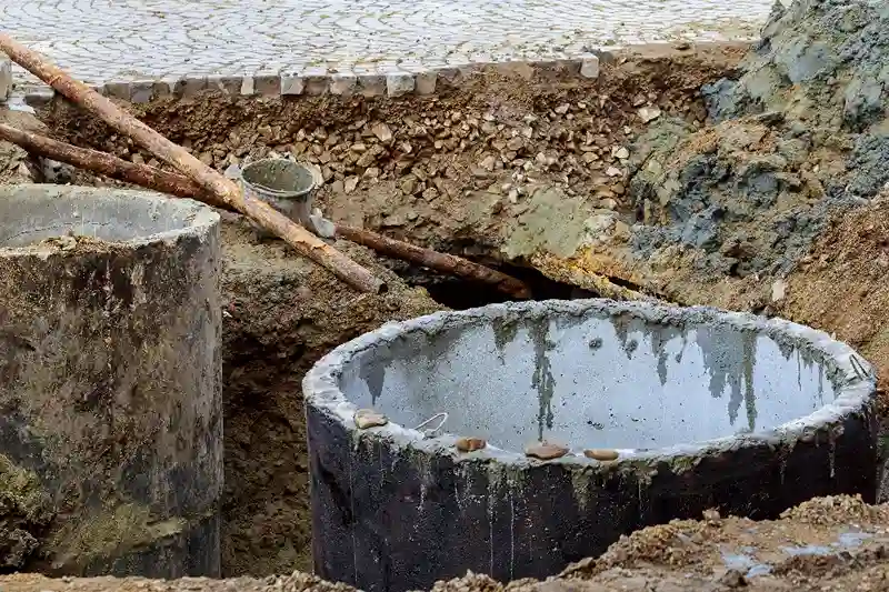 Concrete pipe sections installed in the ground for drainage.