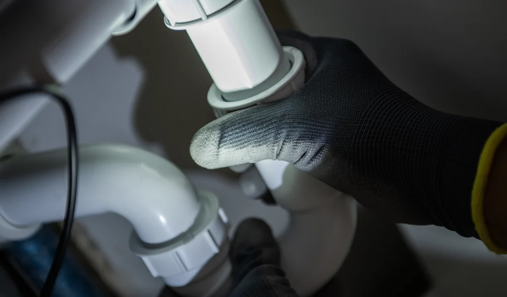 Plumber's gloved hand working on a chrome pipe fitting.