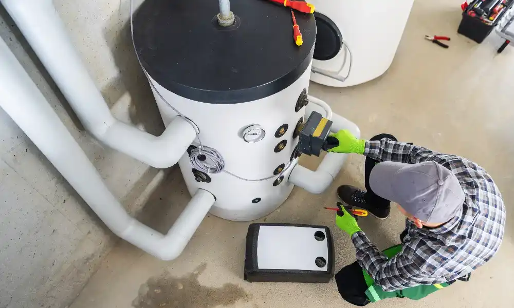 Plumber servicing a water heater tank.