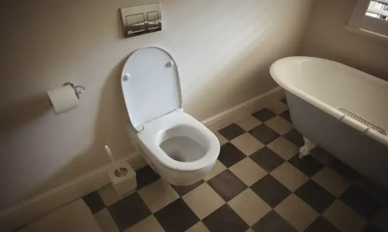 Bathroom with a checkered floor, toilet, and clawfoot tub.