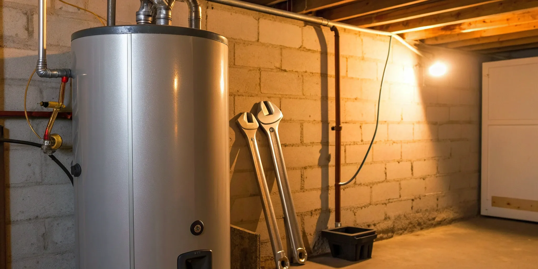 A 40-gallon water heater installation in a basement with new plumbing connections.
