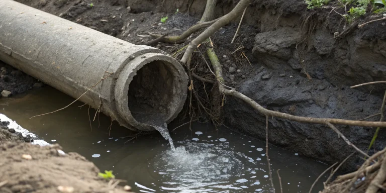 Damaged sewer line pipe exposed in the ground showing root intrusion, a sign of a broken sewer line.