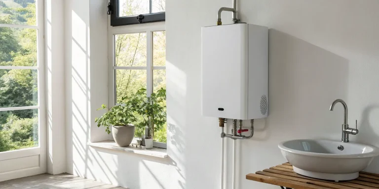 Modern tankless water heater mounted on a wall, highlighting energy-efficient water heater benefits.