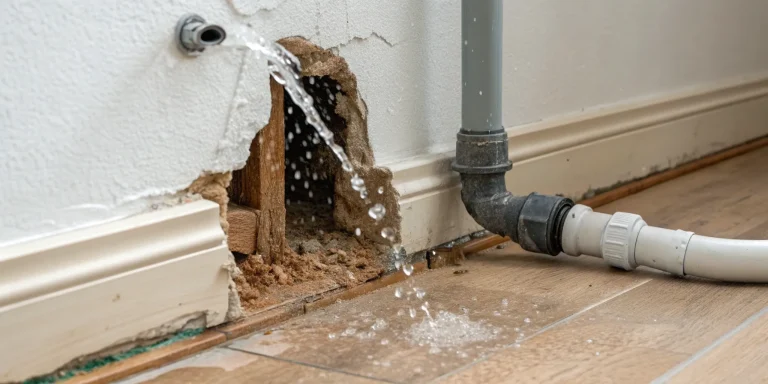 Water spraying from a pipe leak inside a wall, related to the cost to find a water leak in a wall.