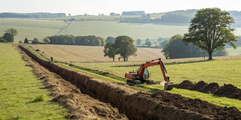 Excavator digging a trench for a water line, related to the cost to run a water line 1000 feet.