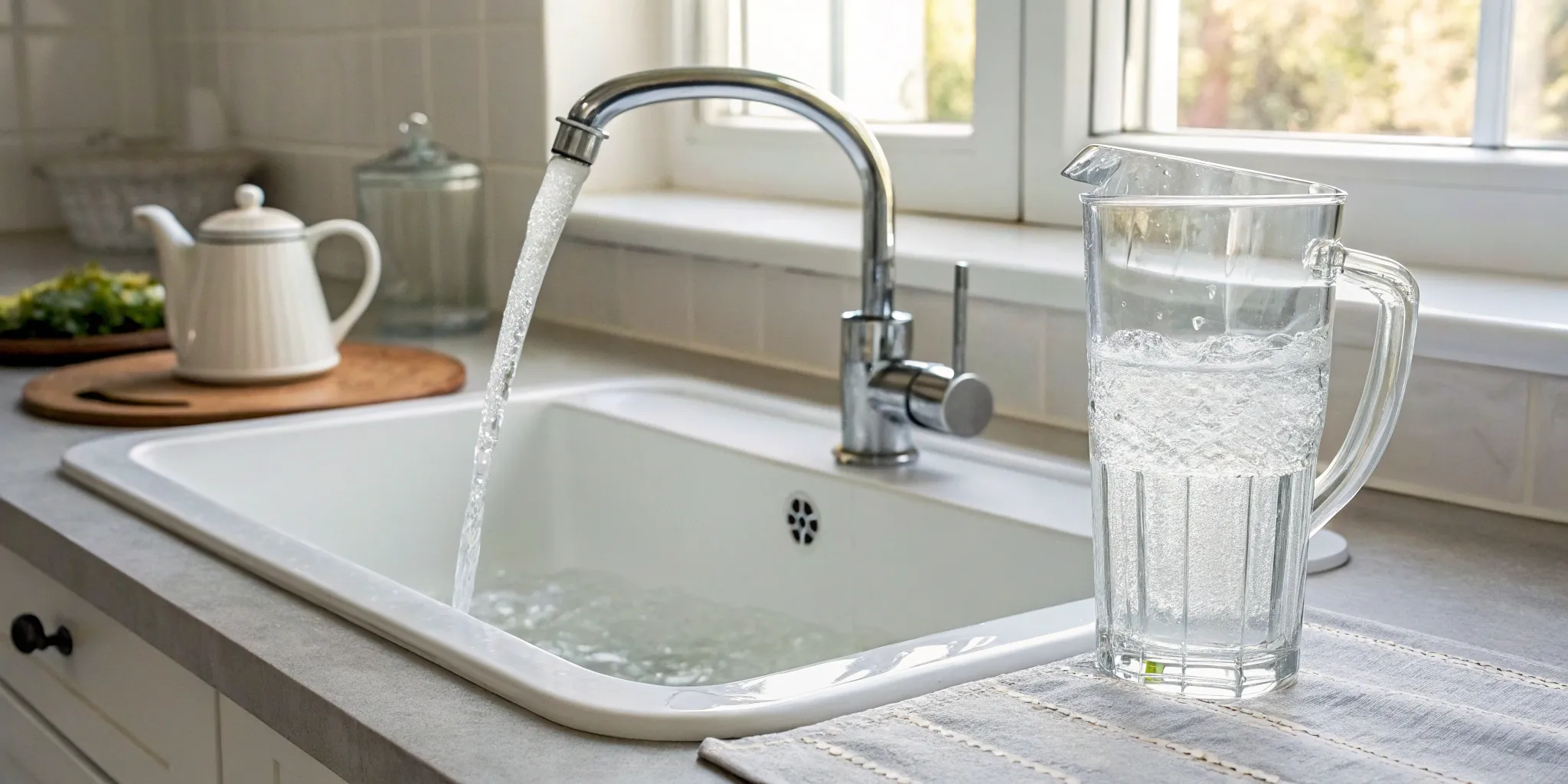 A kitchen tap filling a glass, which impacts how much a water softener costs per month.