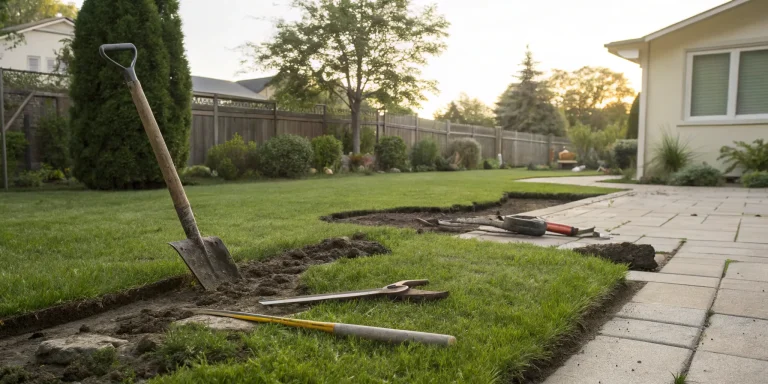 Excavated trench in a yard, related to the cost to fix an underground pipe.