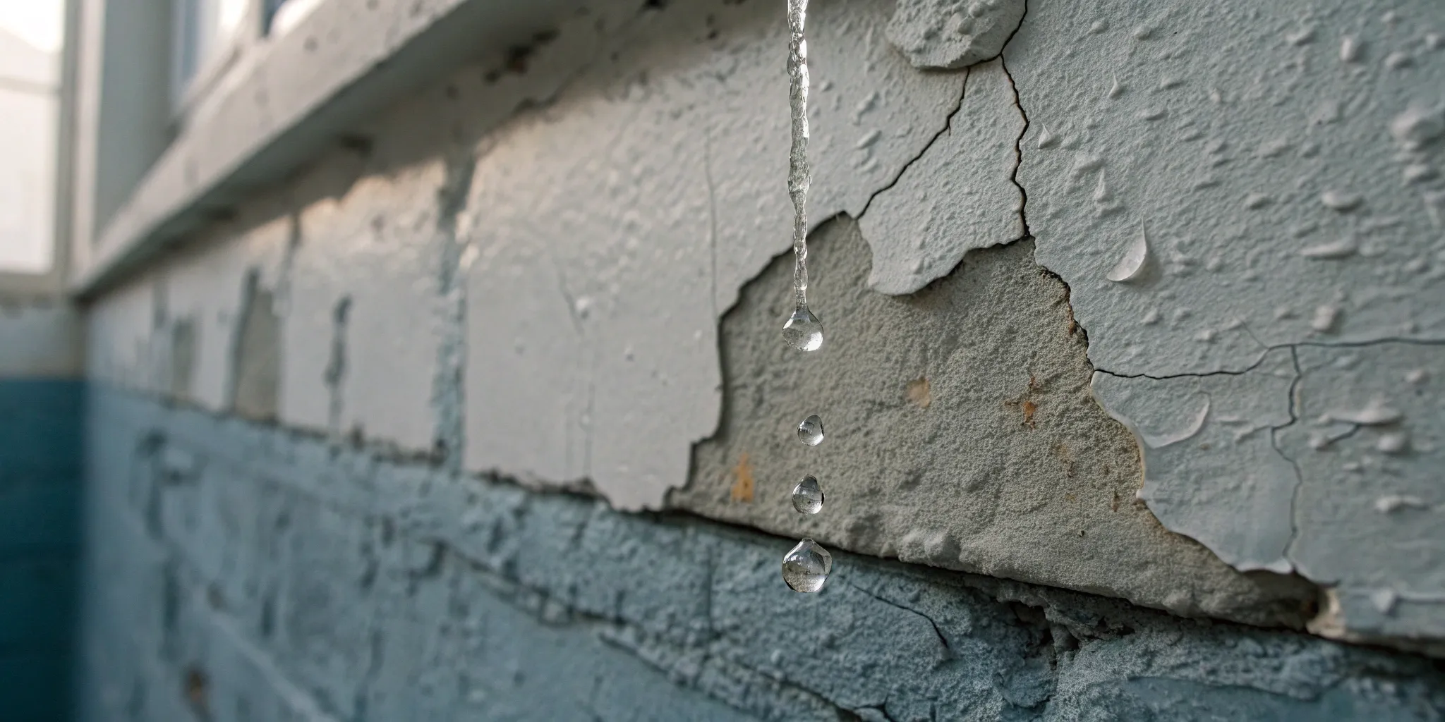 Water leaking down a cracked foundation wall, related to signs a pipe burst in the wall.