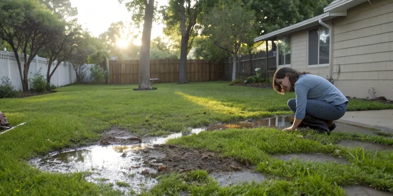 Plumber inspecting a puddle of water in a backyard, related to signs a pipe burst underground.