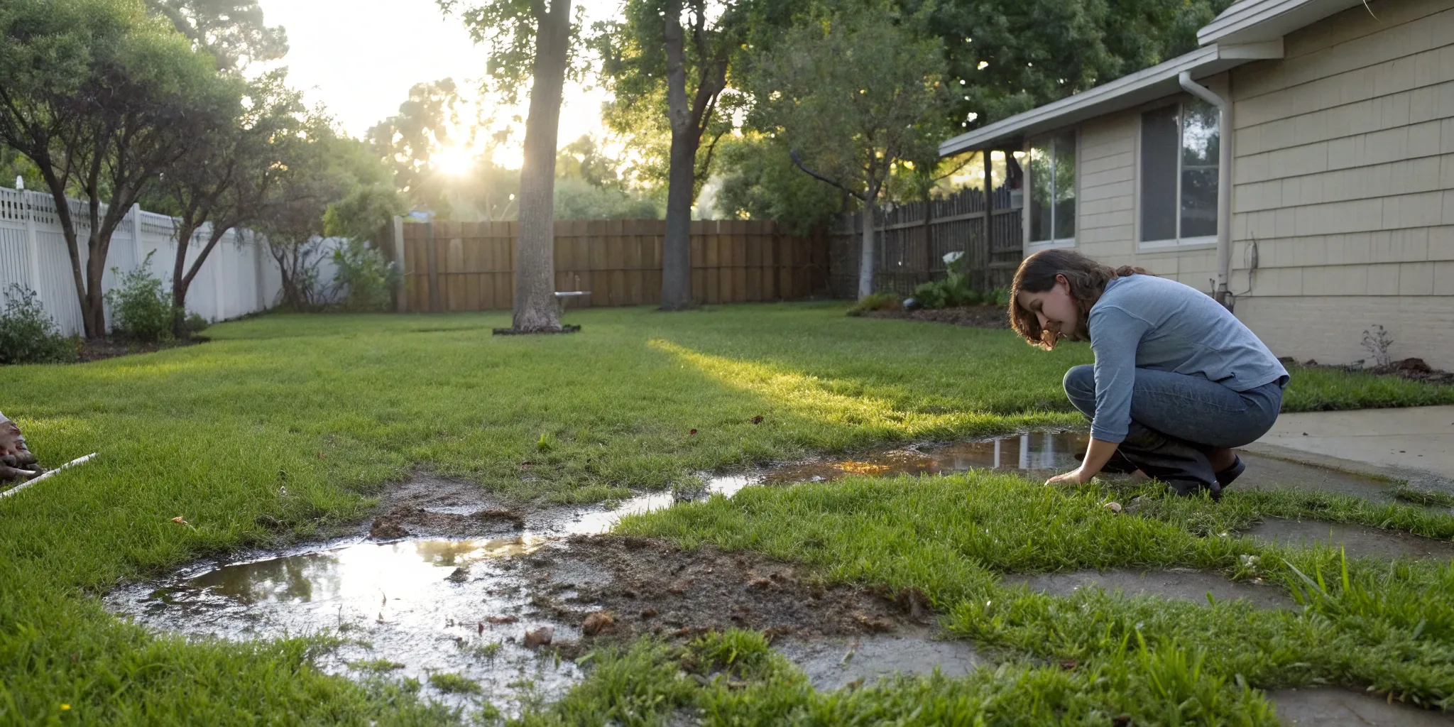 Woman inspecting a puddle in her yard, a sign of a burst underground pipe.