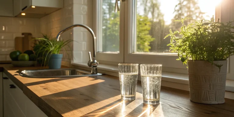 Kitchen sink and glasses of water, related to the real benefits of a whole-house water softener.