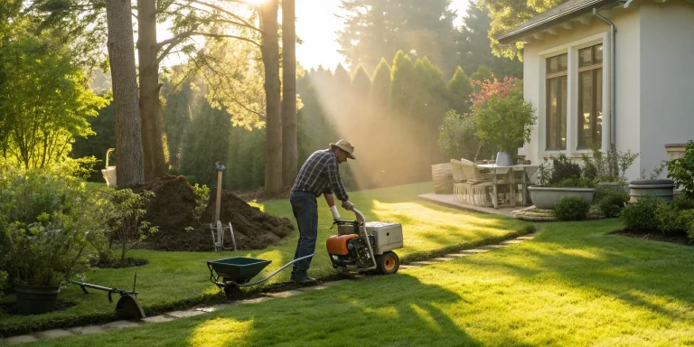 Homeowner mowing a lawn, related to trenchless sewer replacement pros and cons.
