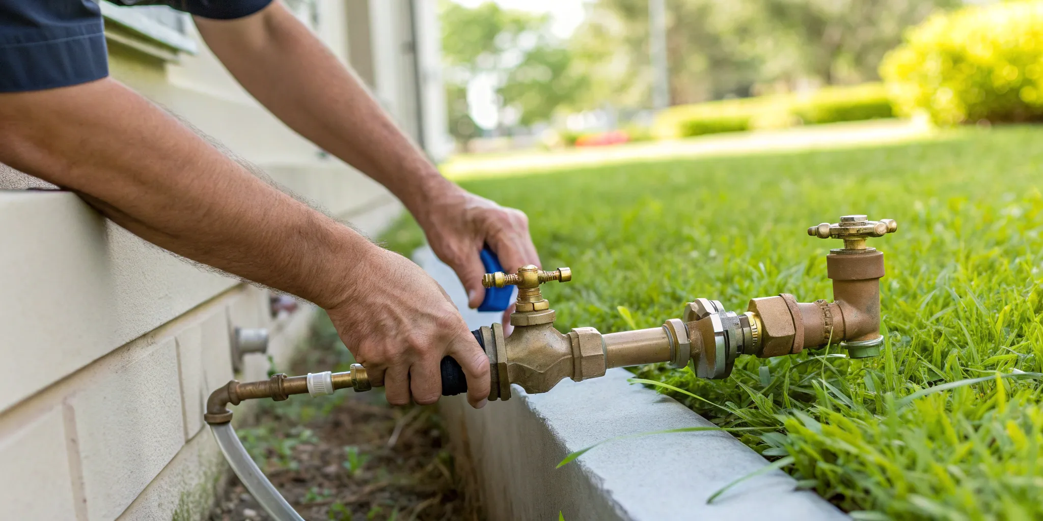Plumber installing an outdoor backflow valve, related to backflow testing and water safety.