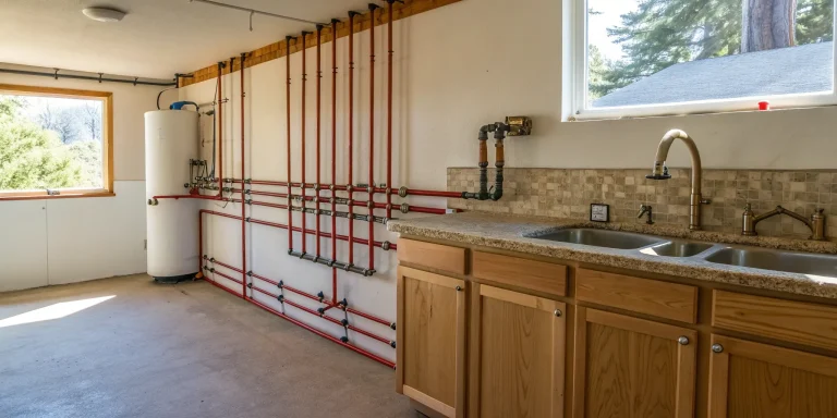 Utility room with red PEX piping, related to the cost to repipe a house with PEX.