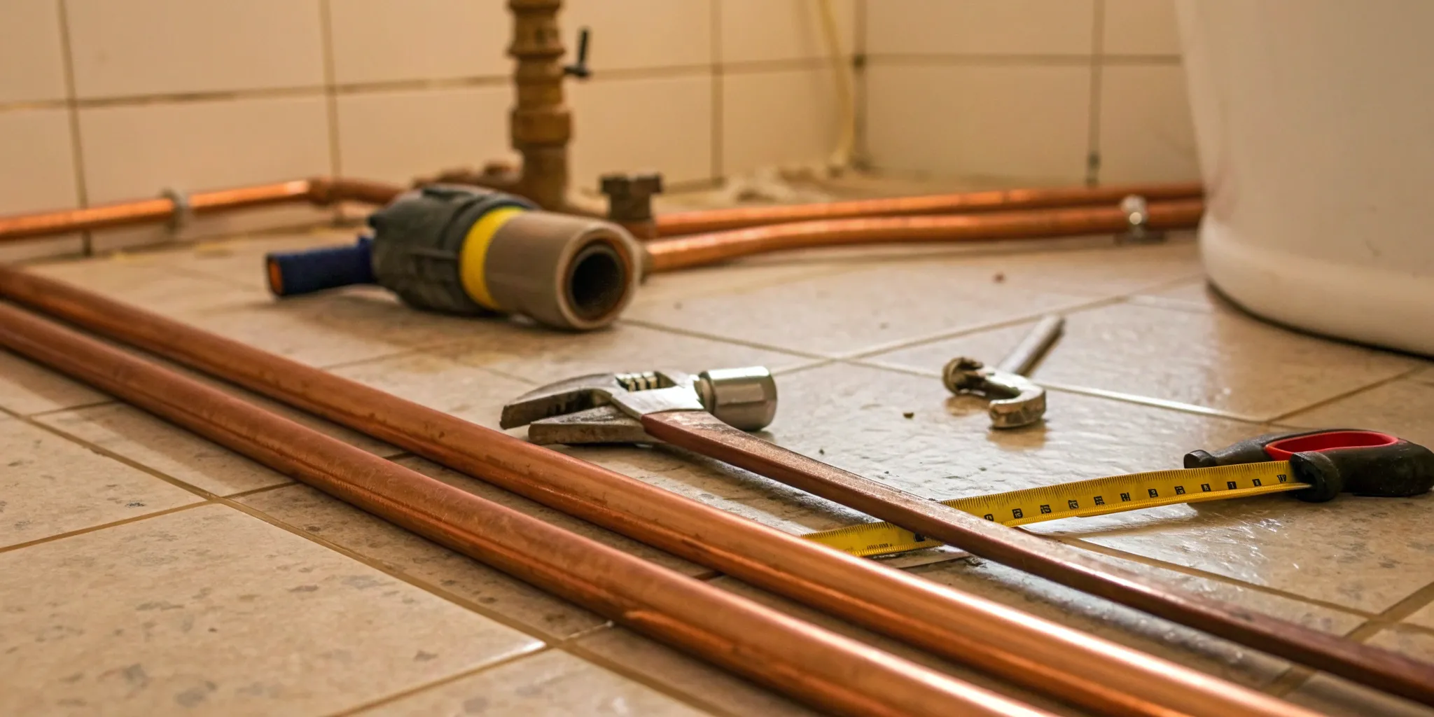 Copper pipes and tools laid out on a bathroom floor, related to the cost to replumb a bathroom.