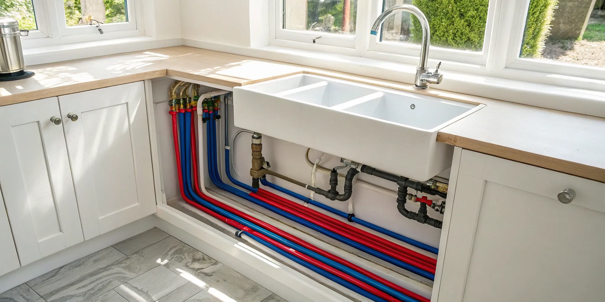Red and blue PEX pipes under a sink, a key factor in the cost to repipe a house.