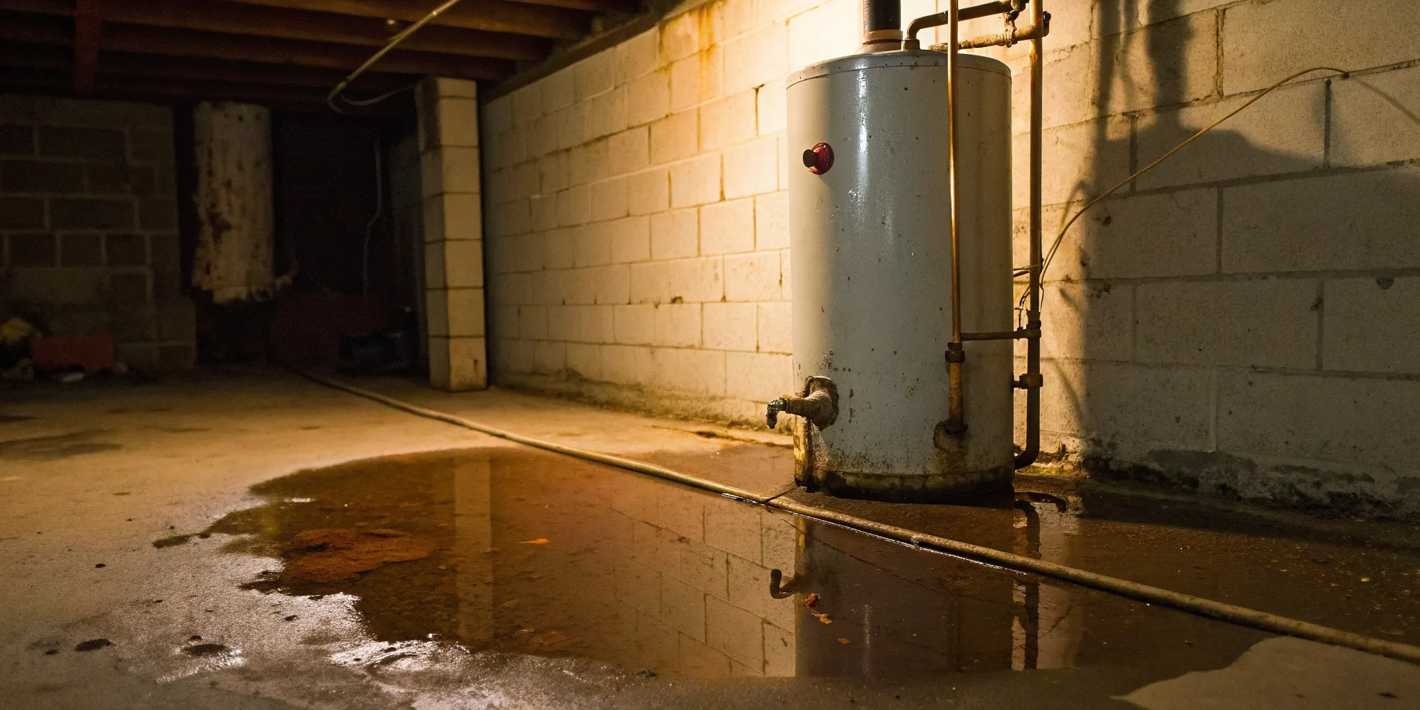 Water heater leaking onto a basement floor, a telltale sign a water heater needs replacement.