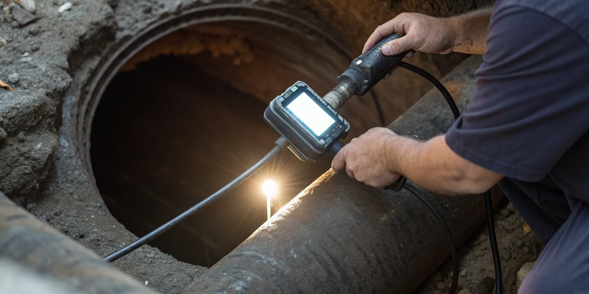 A sewer technician performs a camera inspection to find blockages and damage inside a drain pipe.
