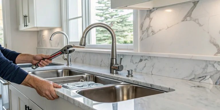 Plumber installing a kitchen sink during a kitchen remodel.