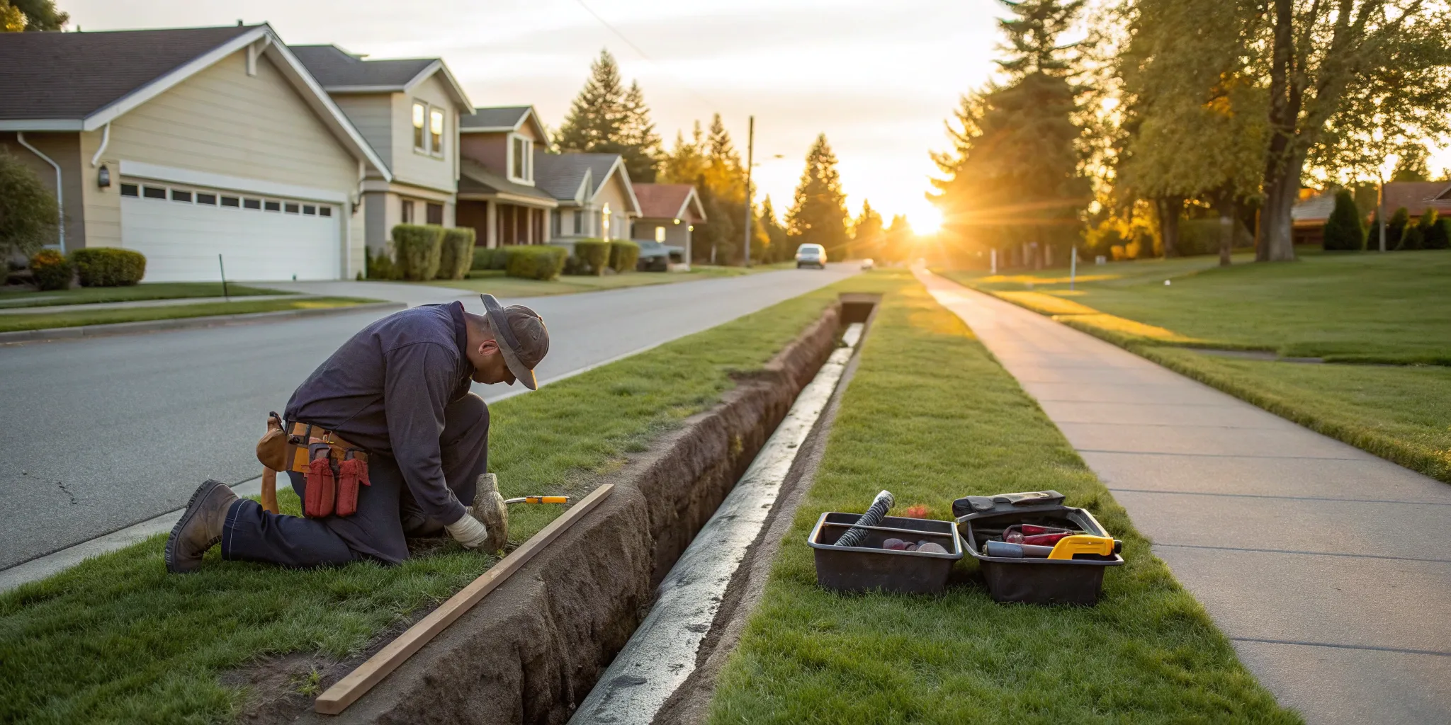 Plumber in an excavated trench replacing a home's main water line.