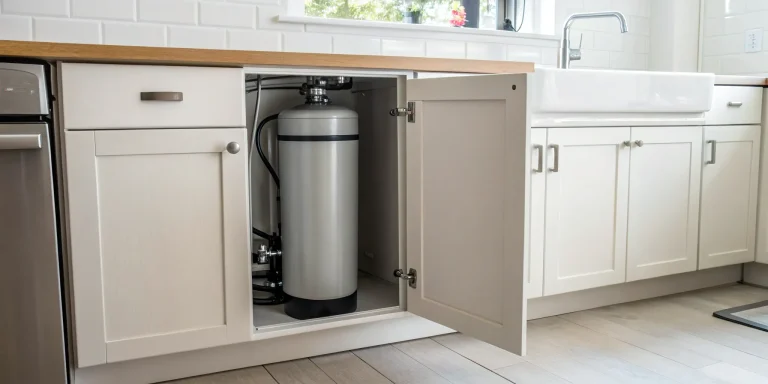 Water softener unit installed under a kitchen cabinet, related to water softener installation cost.