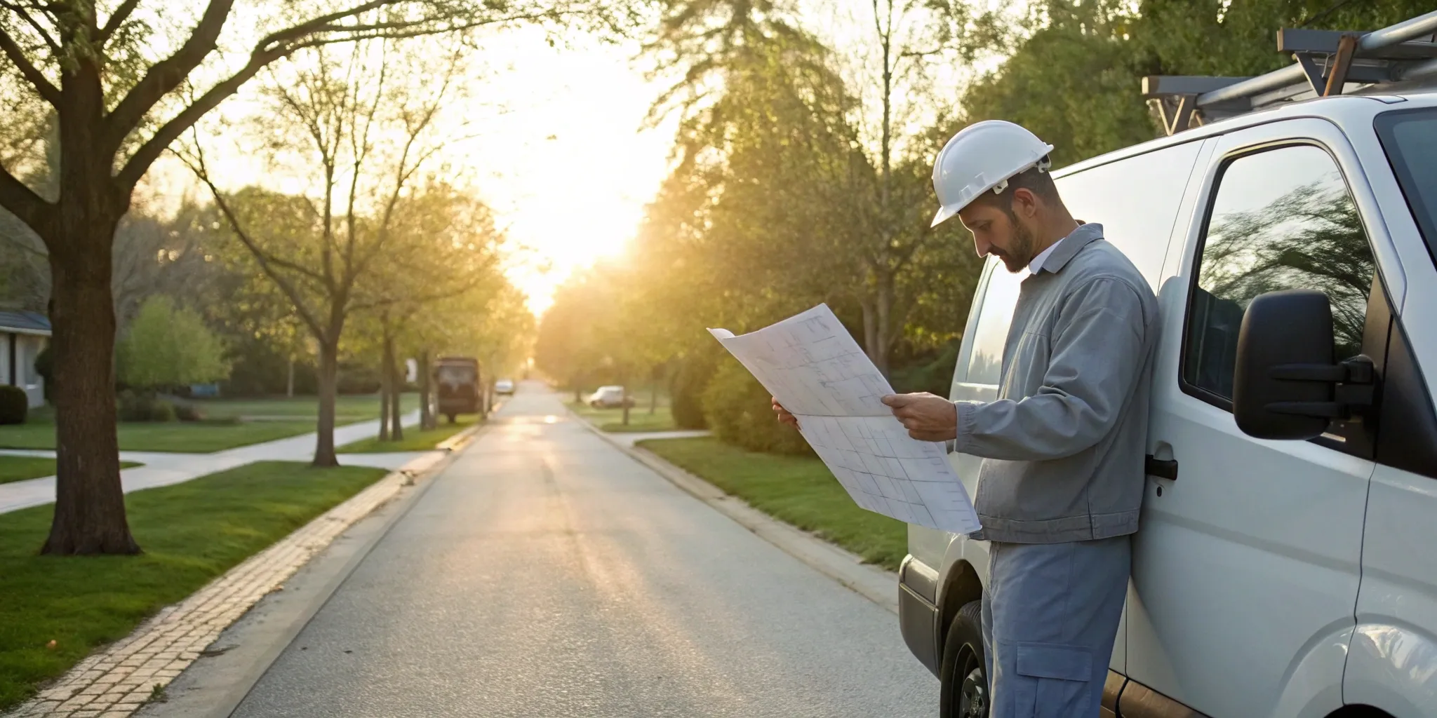 Plumber reviewing blueprints next to a service van on a residential street, related to getting a quote for sewer line replacement.