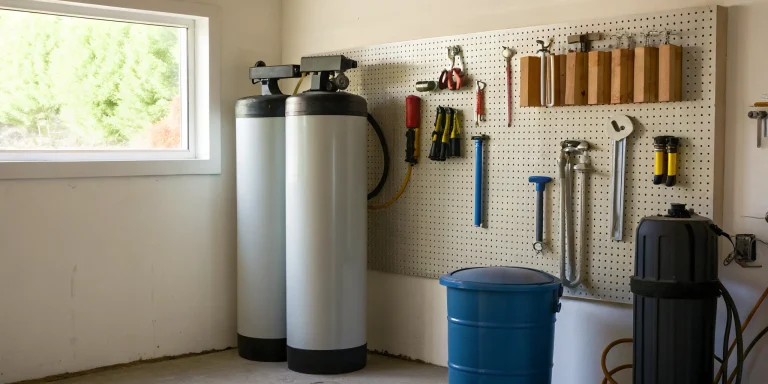 Water softener tanks installed in a utility room, related to installing a water softener in a pre-plumbed house.