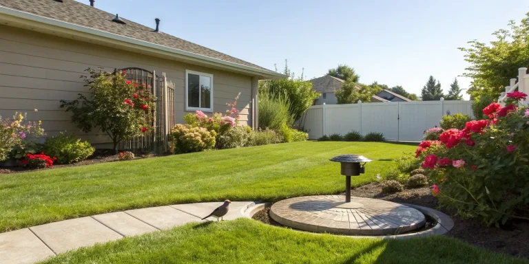 Landscaped yard with a sump pump access cover, related to knowing if you need a sump pump.
