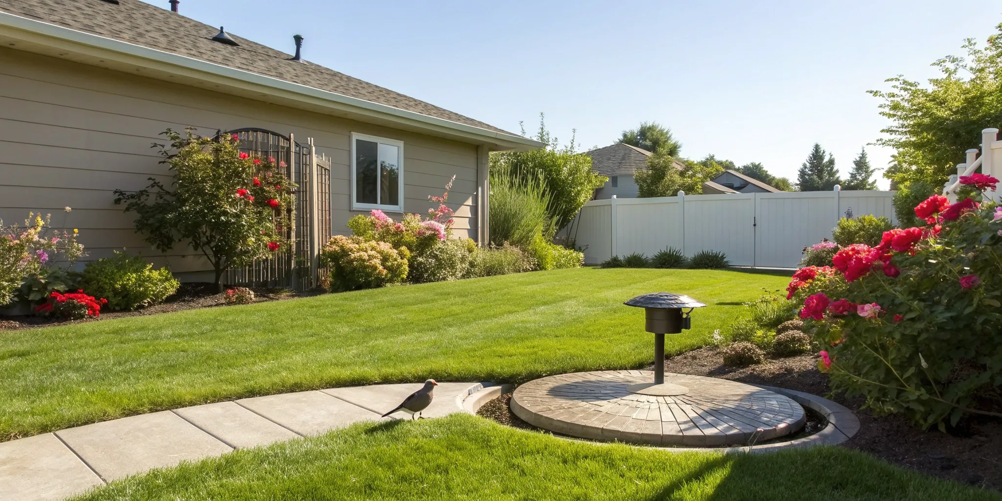 Landscaped yard with a sump pump access cover, related to knowing if you need a sump pump.