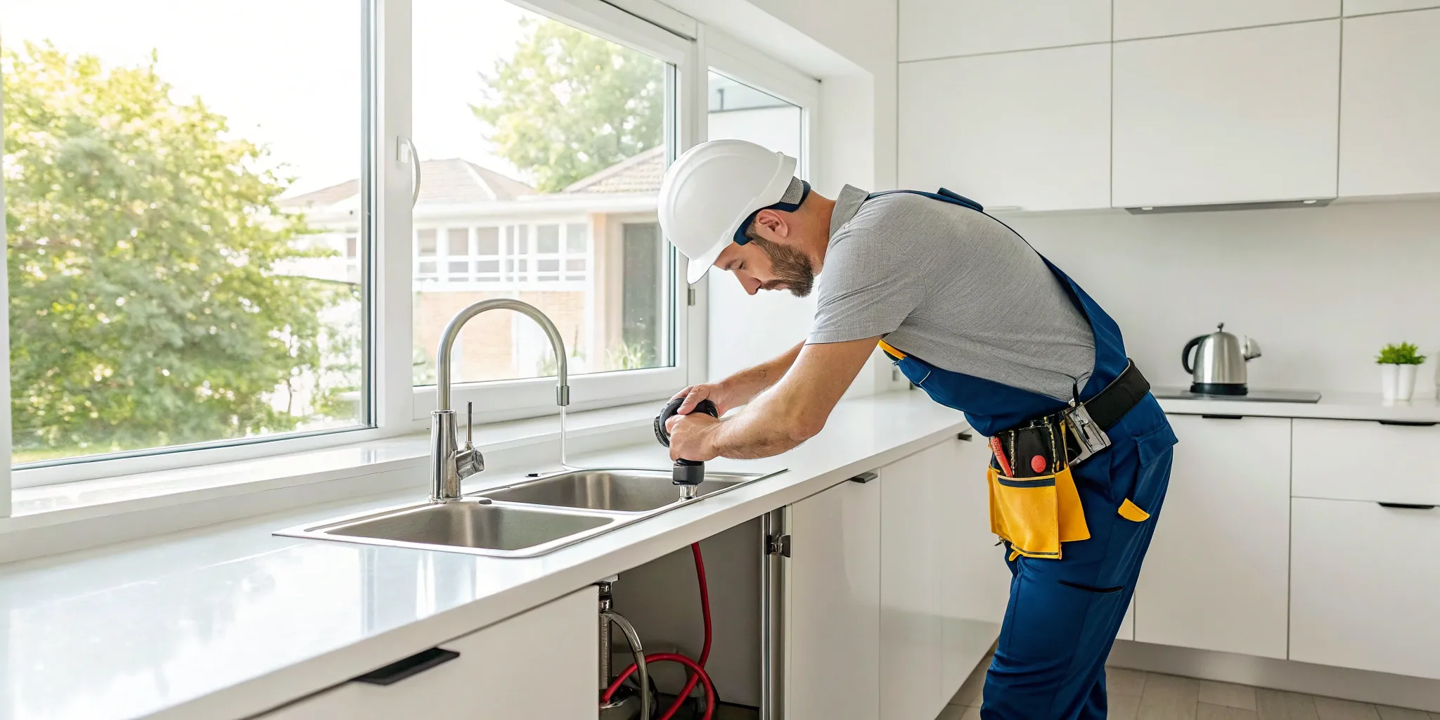 Plumber installing a kitchen sink, related to the cost of moving a kitchen sink to another wall.