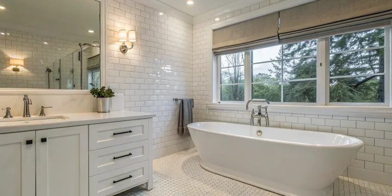 Remodeled bathroom with a freestanding tub and subway tile, related to plumbing and bathroom remodel tips.