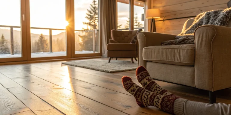 Cozy living room with wood flooring, related to radiant floor heating pros and cons.