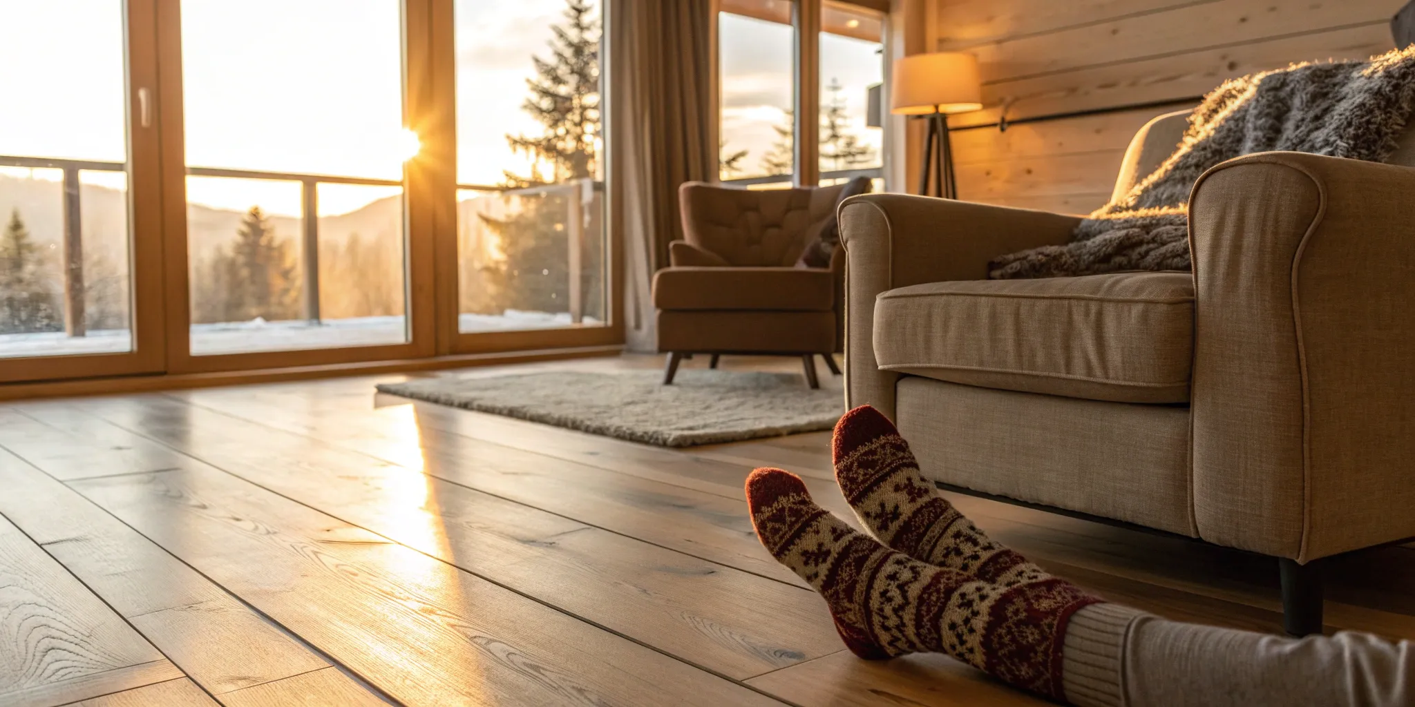 A living room with radiant floor heating, a system with both pros and cons.