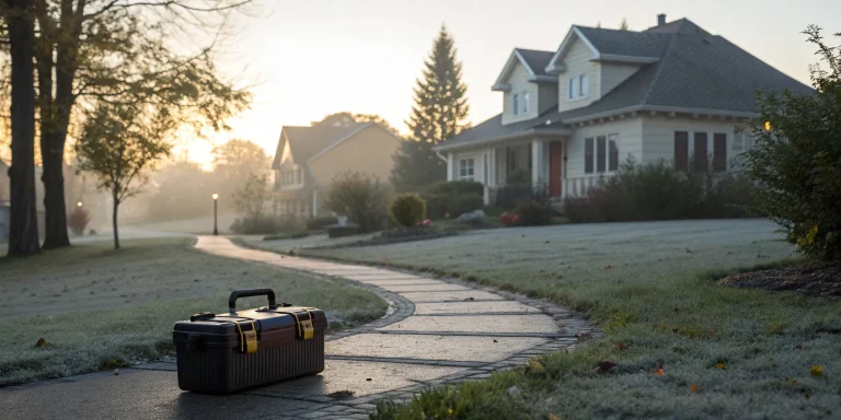 Home exterior with a plumber's toolbox, related to the cost of repiping a house.