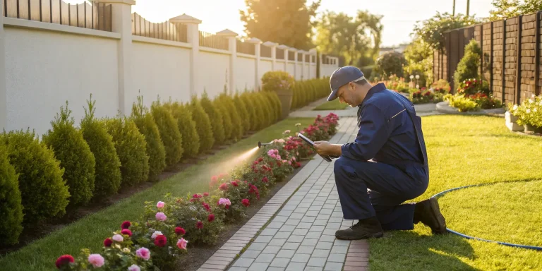 Plumber performing residential backflow testing along a fence line.