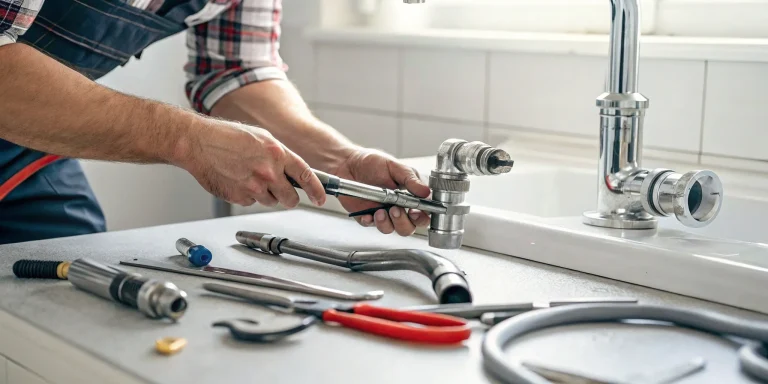 Plumber installing a fixture, related to sewer line repair and replacement services.
