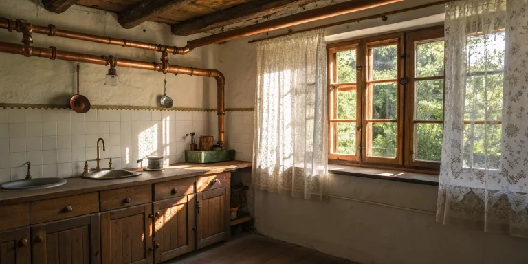 Rustic kitchen interior, related to the real cost to replace plumbing in an old house.
