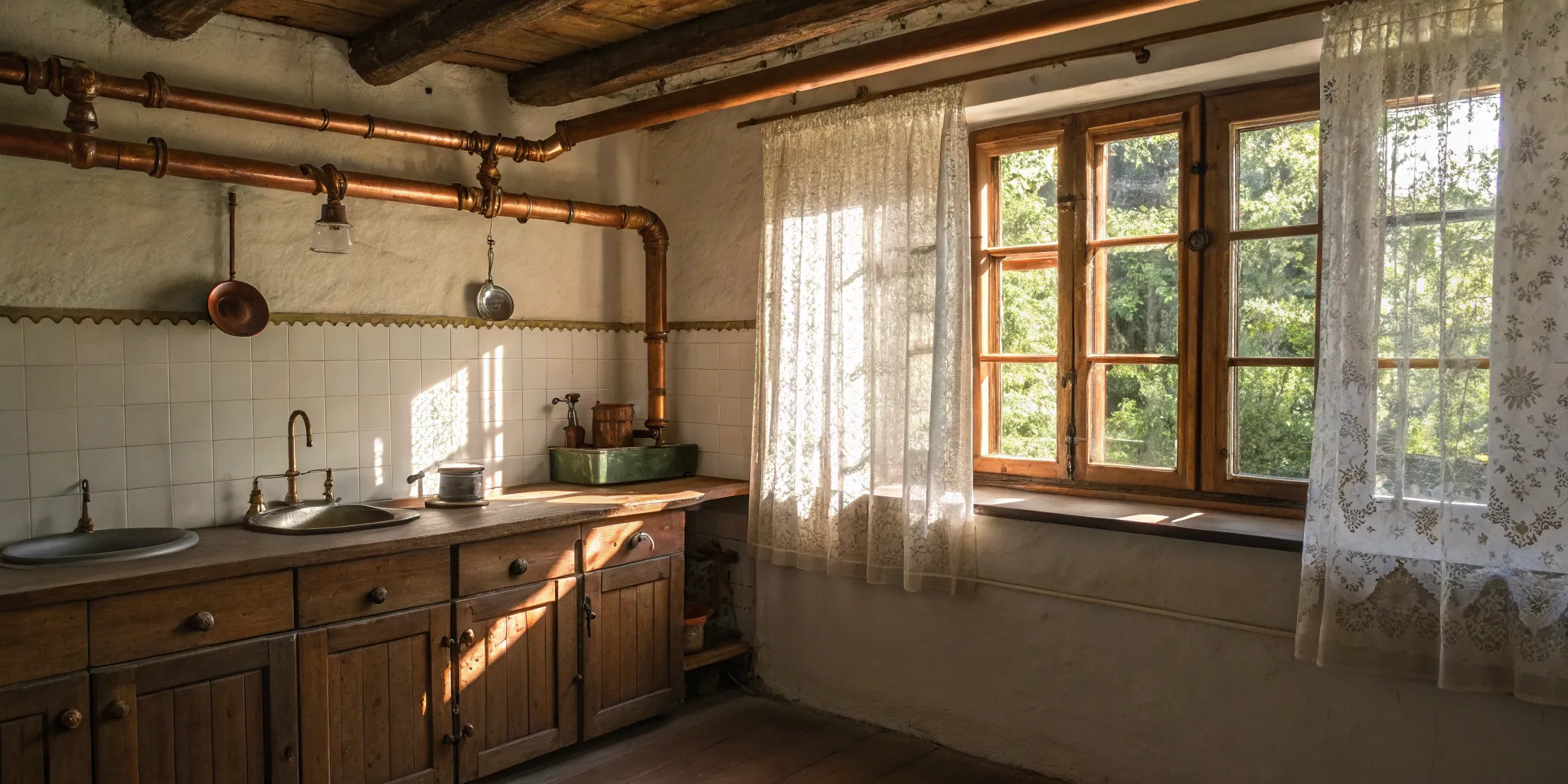 Exposed copper plumbing in an old house kitchen, a key factor in the cost to replace it.