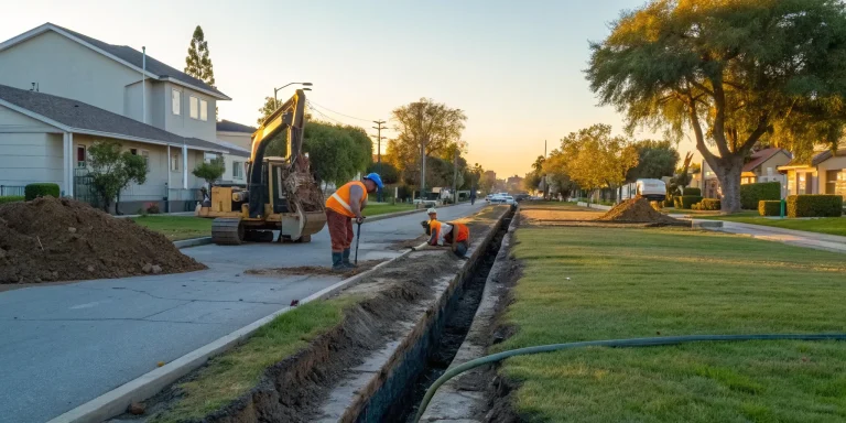 Workers digging a trench for sewer repair, related to trenchless vs. traditional sewer repair.