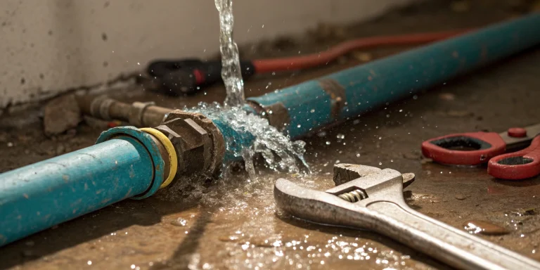 Water spraying from a burst outdoor pipe fitting next to a wrench.