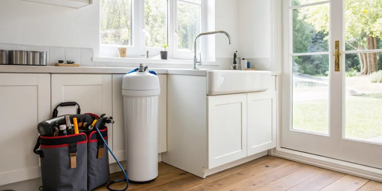 Water softener installed in a modern kitchen, related to choosing the best plumber for water softener installation.