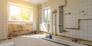 Moving plumbing pipes in a bathroom remodel with exposed walls and flooring.
