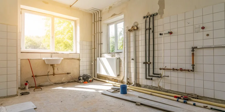 Bathroom under renovation with exposed plumbing pipes, related to the cost of moving plumbing in a remodel.
